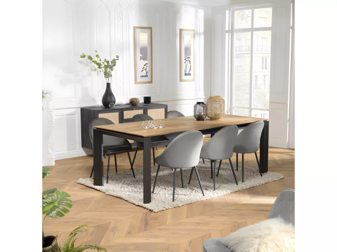 MADISON - Table à manger rectangulaire extensible 220/320cm bois teck recyclé pieds métal noir