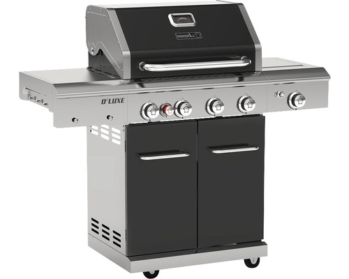 Nexgrill 4-pits gasbarbecue met achterbrander en zijbrander, zwart, inclusief rooster, dekselthermometer, vetopvangbak, grillrooster, hittebestendige handgreep, achterbrander, zijblad, zijtafel en warmhoudrek. Geëmailleerd grillrooster van gietijzer.