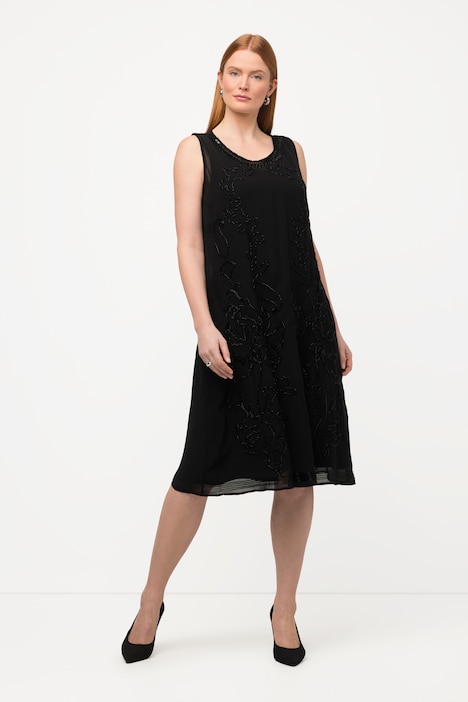 Kleid, doppellagig, Perlen, A-Linie, Rundhals, ärmellos