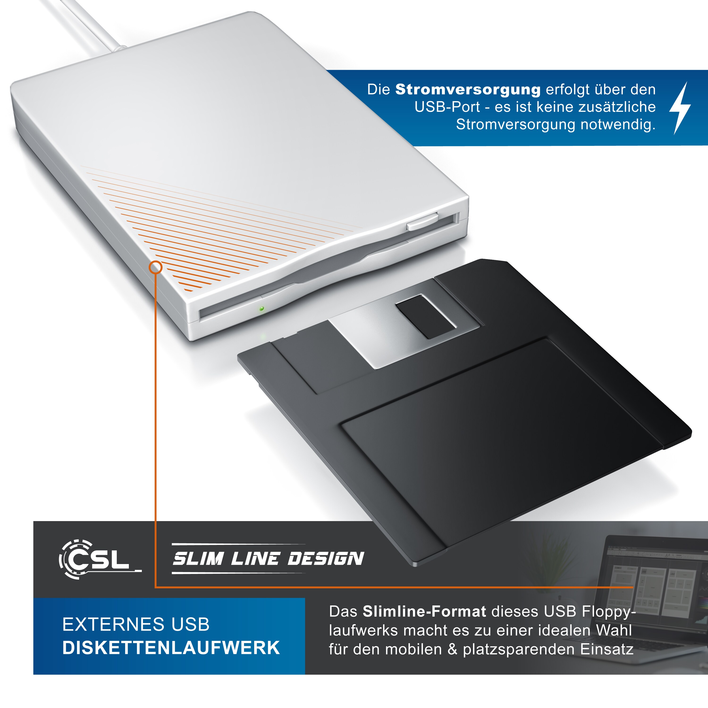 CSL Diskettenlaufwerk, USB 1.1, Externes USB Floppy Laufwerk FDD 1,44MB (3,5) für PC & MAC