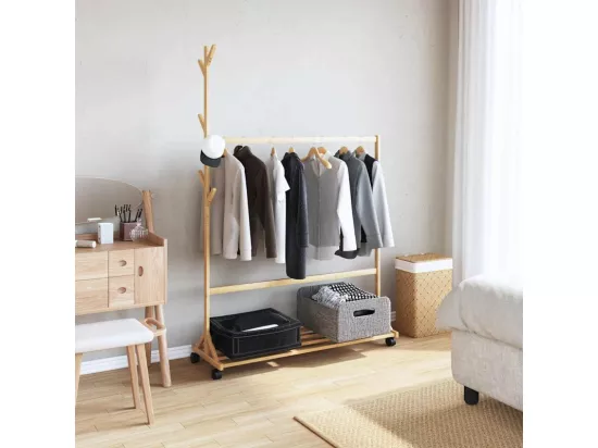 Porte vêtements avec crochets et roulettes 100x35x157 cm bambou