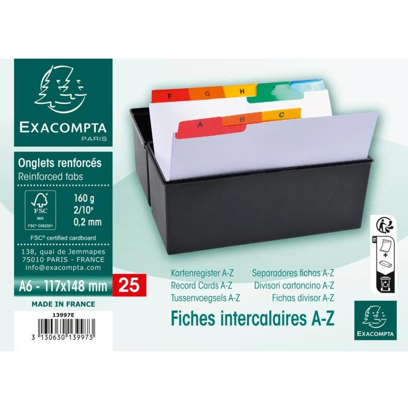 Intercalaires pour boite à fiches, imprimés de A à Z carte blanche 160g 25 compartiments- A6 - Blanc