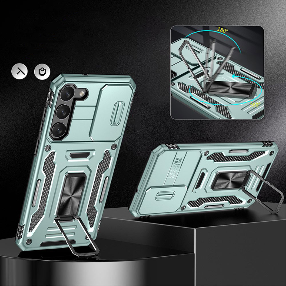 Samsung Galaxy S23 5G Hybrid Outdoor Hardcase Hülle mit Cam-Slider   Magnetischer Kickstand - Silber
