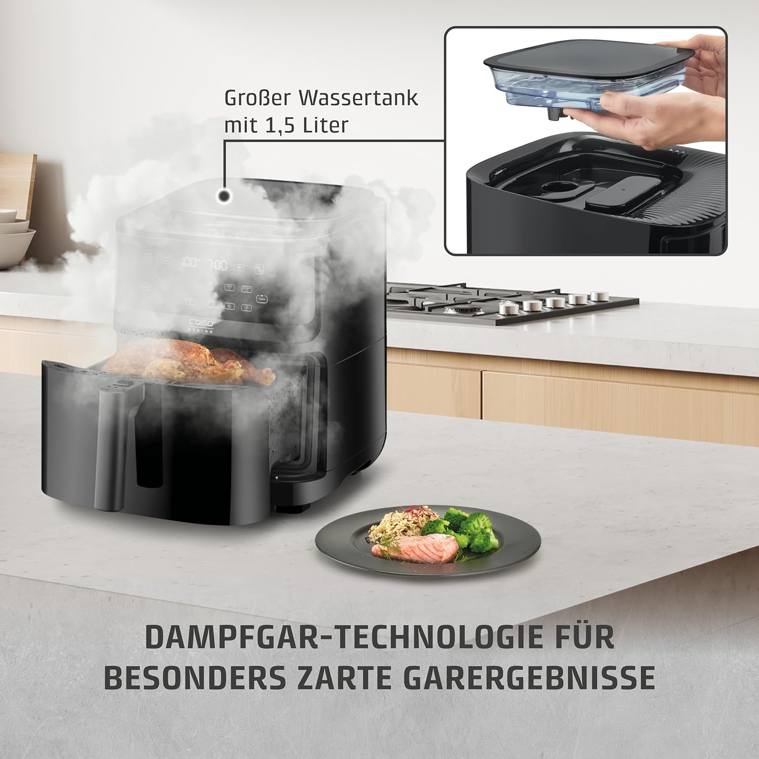 CASO AirFry & Steam 700 - Heißluftfritteuse und Dampfgarer - Testurteil: Sehr Gut, extra großes Korbvolumen 7 Liter, Dampfgarer & Airfryer, Fritteuse ohne Öl/Fett, Schwarz