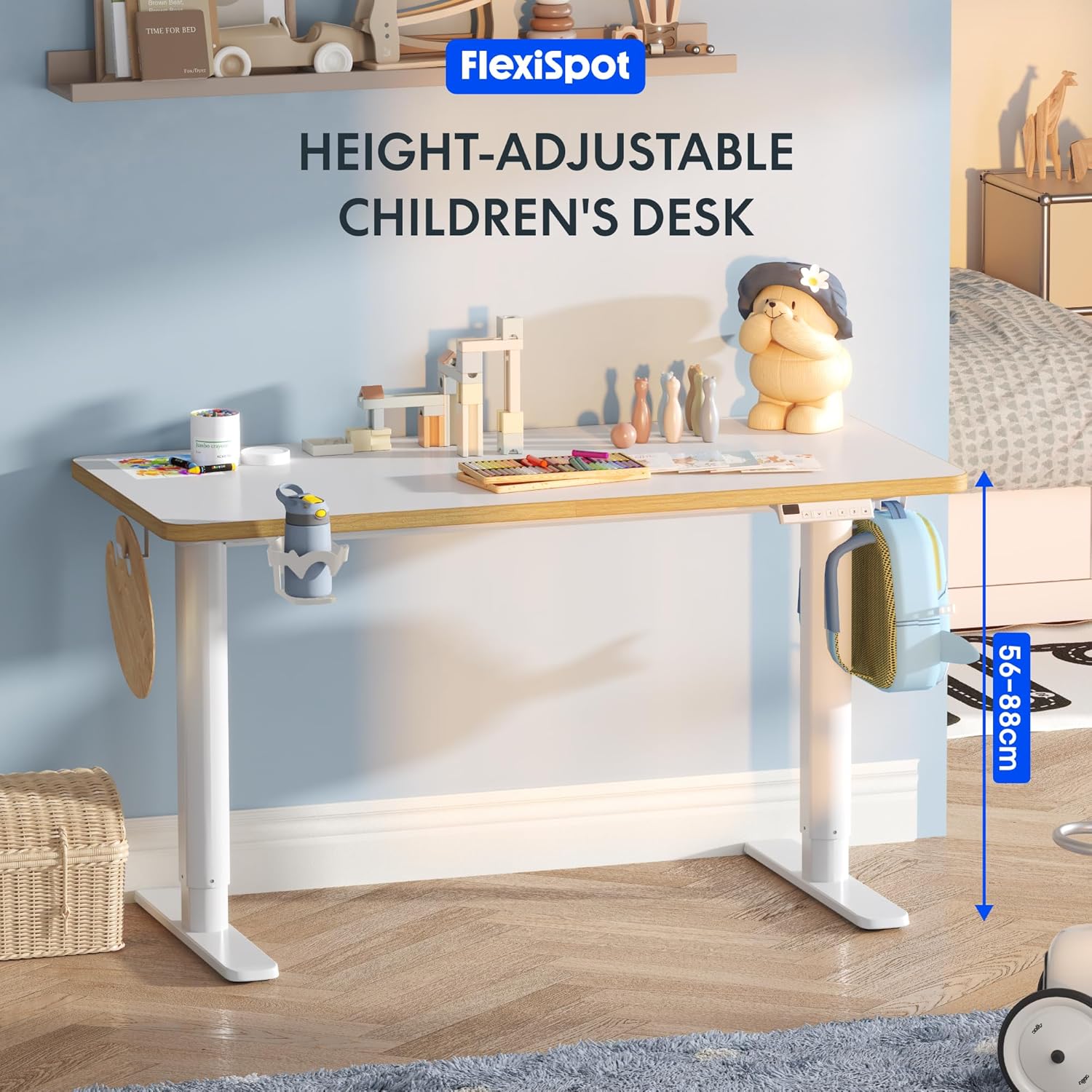 FLEXISPOT Kinderschreibtisch, elektrisch höhenverstellbar Schreibtisch, für Kinder ab 6 Jahren, mit LED-Höhenanzeige, 3 Speicherplätzen, Kindersicherung und Ergonomischer Tischplatte 110 x 52 cm
