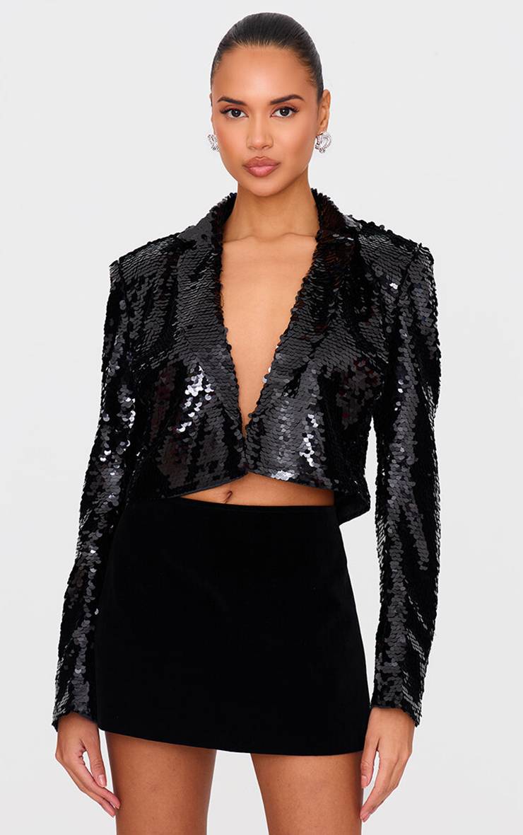 Noir Blazer Court À Sequins