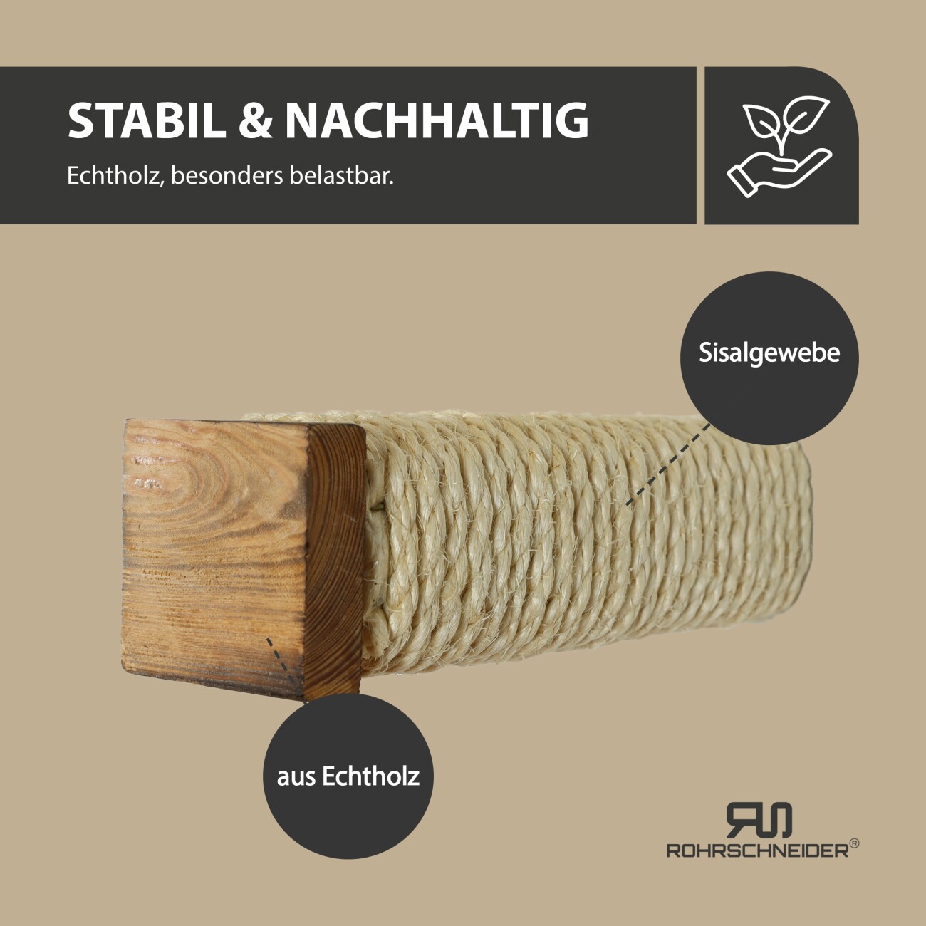 Rohrschneider ® Katzentreppe, Wandelement für Katzen mit starkem Sisalseil, 4-er Set sandbraun