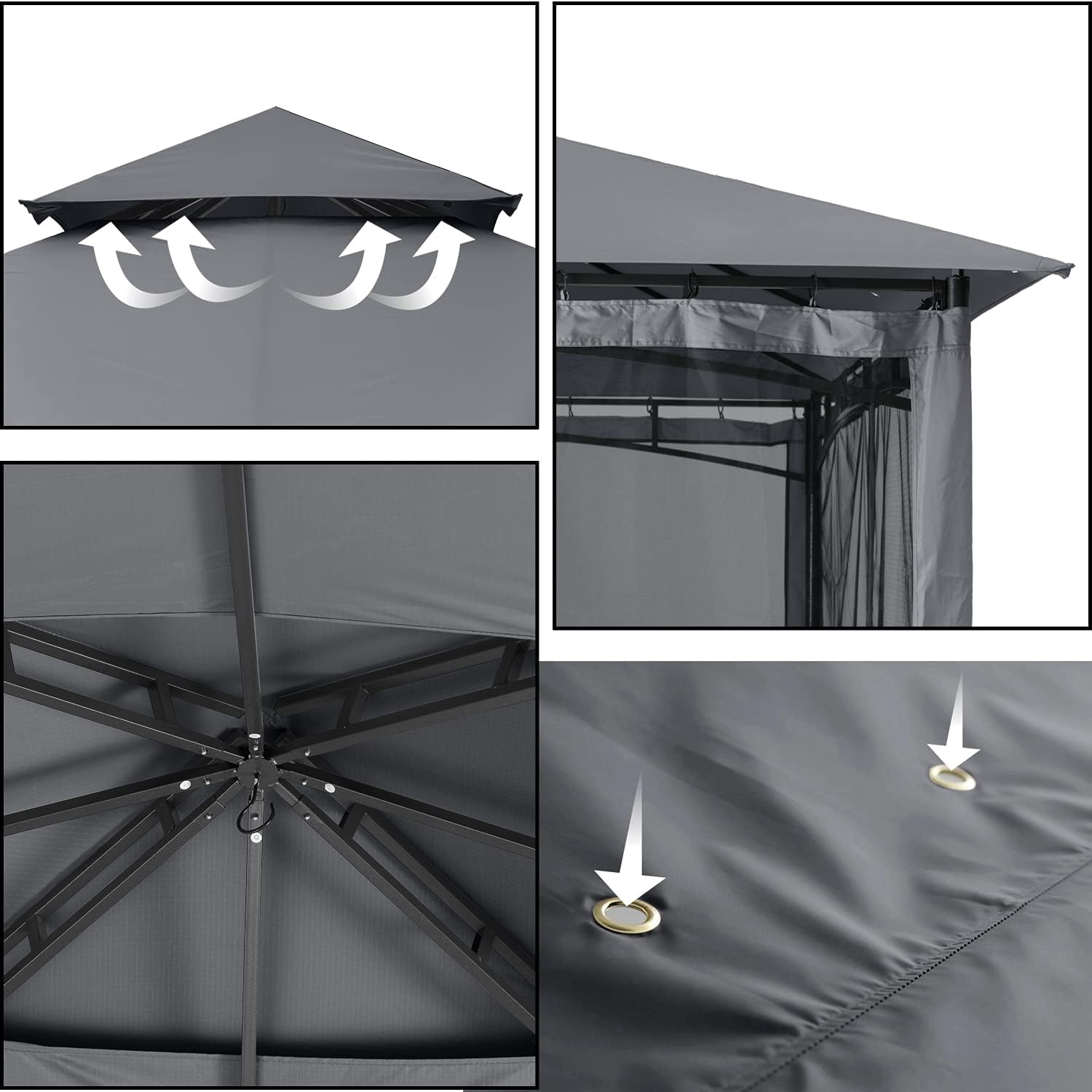 ABCCANOPY Pavillons mit Netz für Terrassen, Doppeldach, weiches Überdachung, Garten, Hinterhof, Pavillon für Schatten und Regen, 3 x 3,6 m (grau)