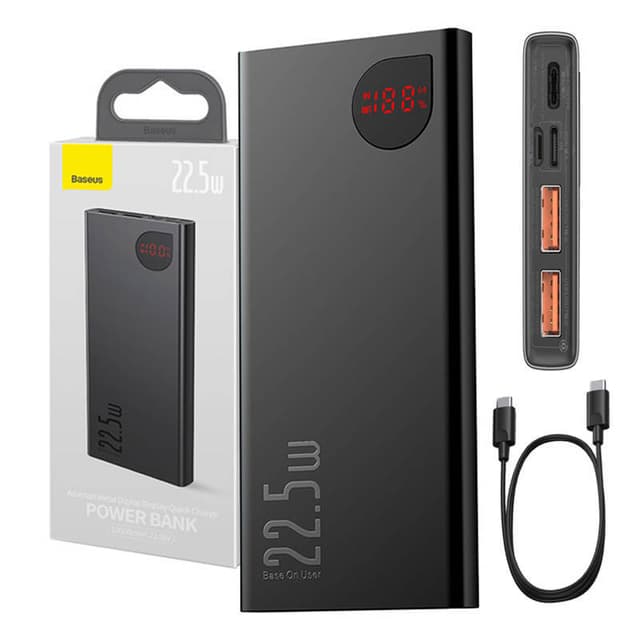 Powerbank Baseus Adaman Metal, 10000mAh, 2xUSB, USB-C, Lightning, MicroUSB 22,5W (sort)