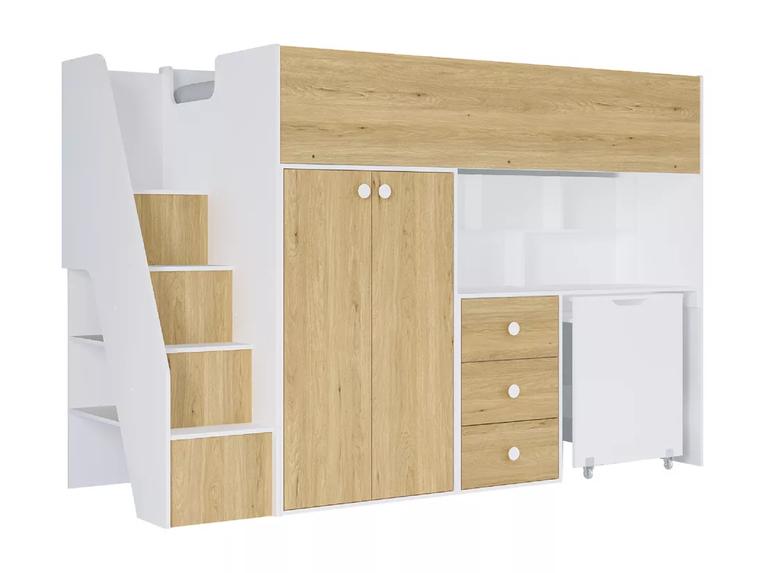 Lit mezzanine 90 x 190 cm avec armoire et bureau - Blanc et naturel + Matelas - LANILATO