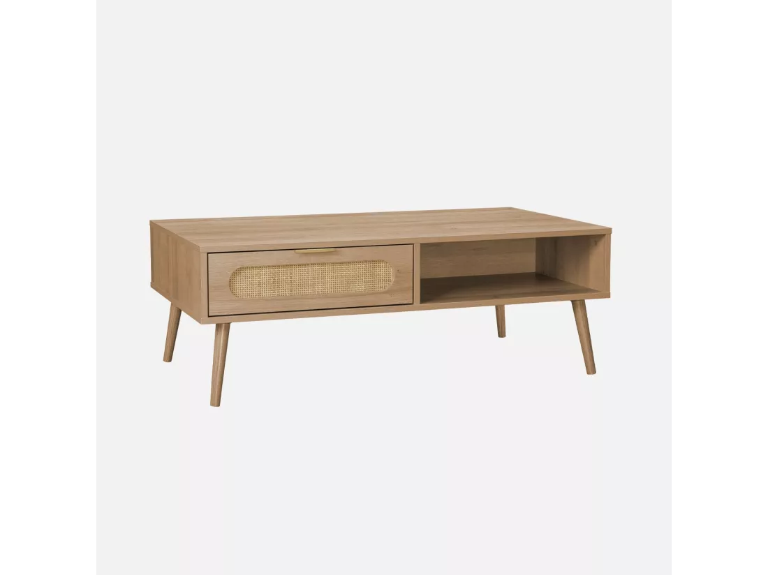 Table basse. Eva. scandinave en cannage arrondi et en décor bois. 1 tiroir réversible L110 x l59 x H39cm