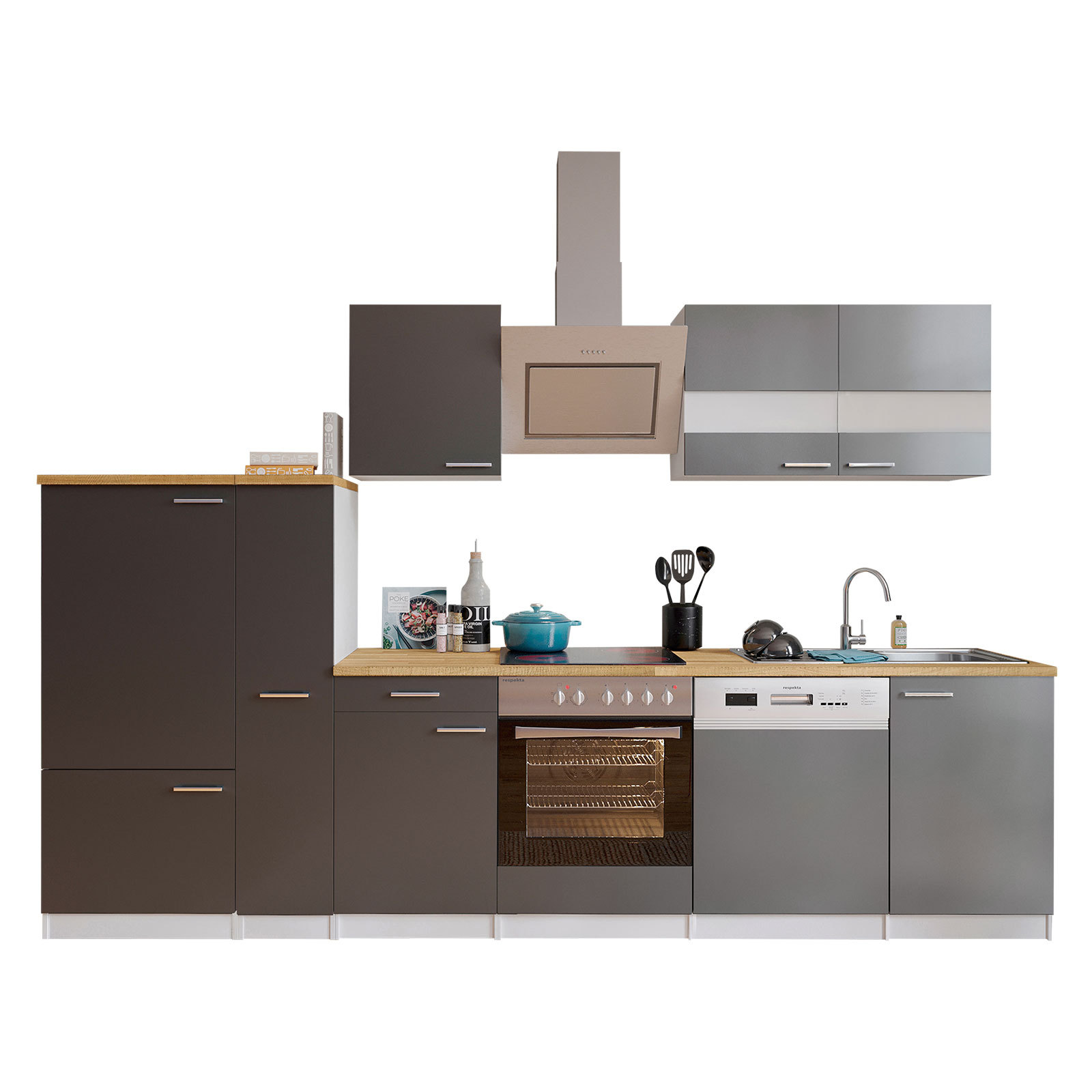 RESPEKTA Küchenblock - grau-weiß - mit E-Geräten - 310 cm