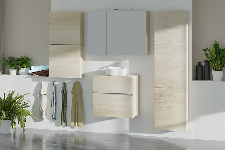 Meuble sous-vasque faible profondeur à suspendre Calao aspect chêne naturel 60 cm + plan de toilette