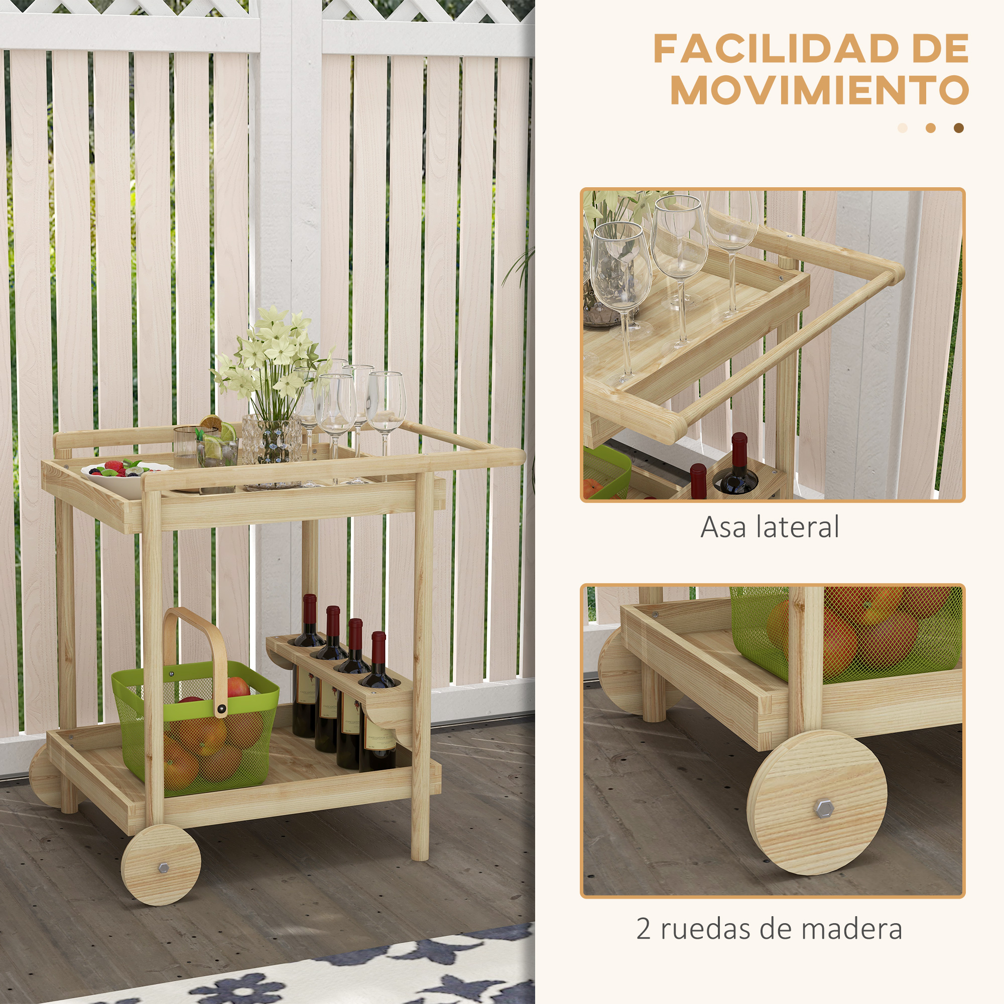 Carrinho de servir Outsunny com rodas, madeira natural