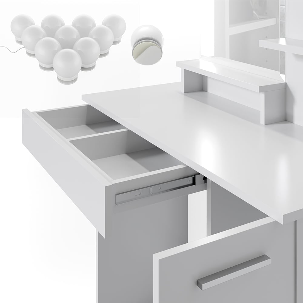 Vicco Schminktisch Julia Frisiertisch Kommode Frisierkommode Spiegel Weiß inklusive Hocker und LED-Lichterkette