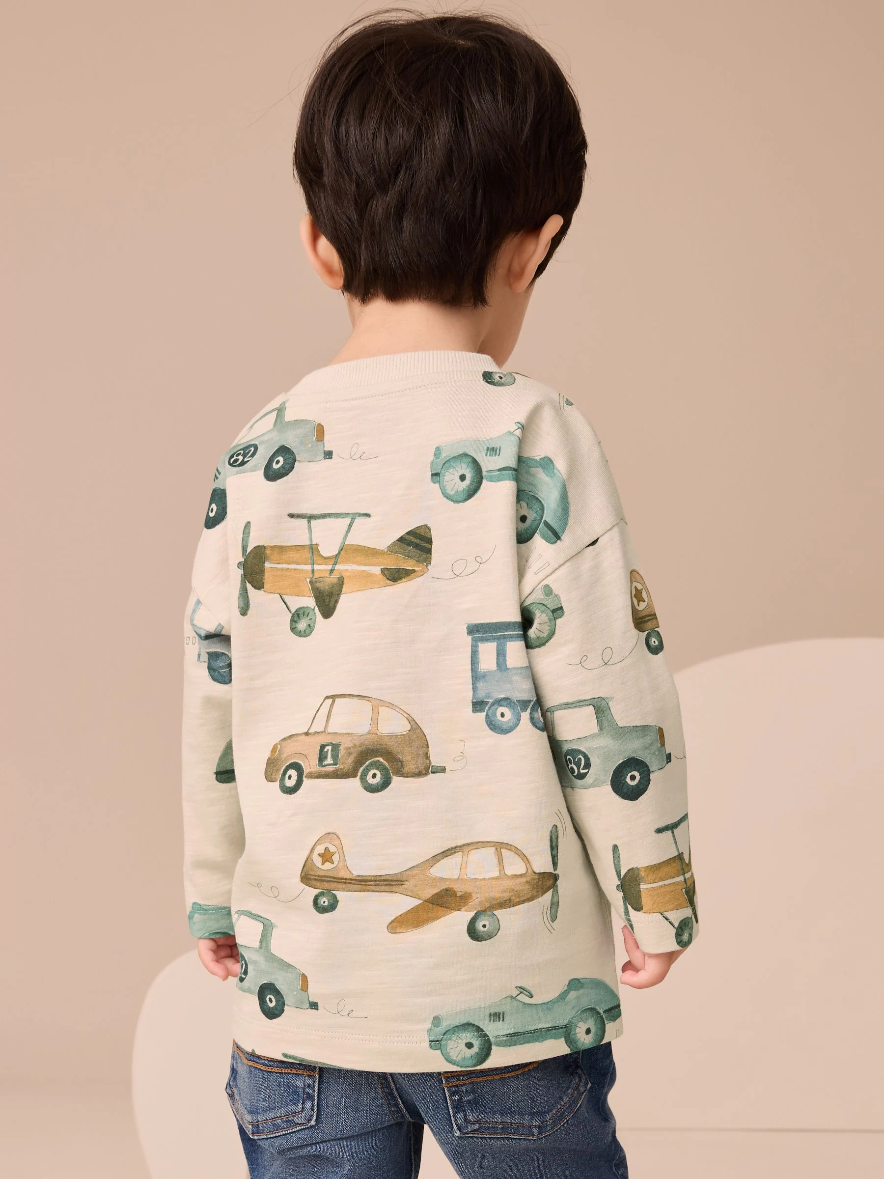 Wit transport - 100% katoenen T-shirt met lange mouwen en all-over print (3mnd -7jr)