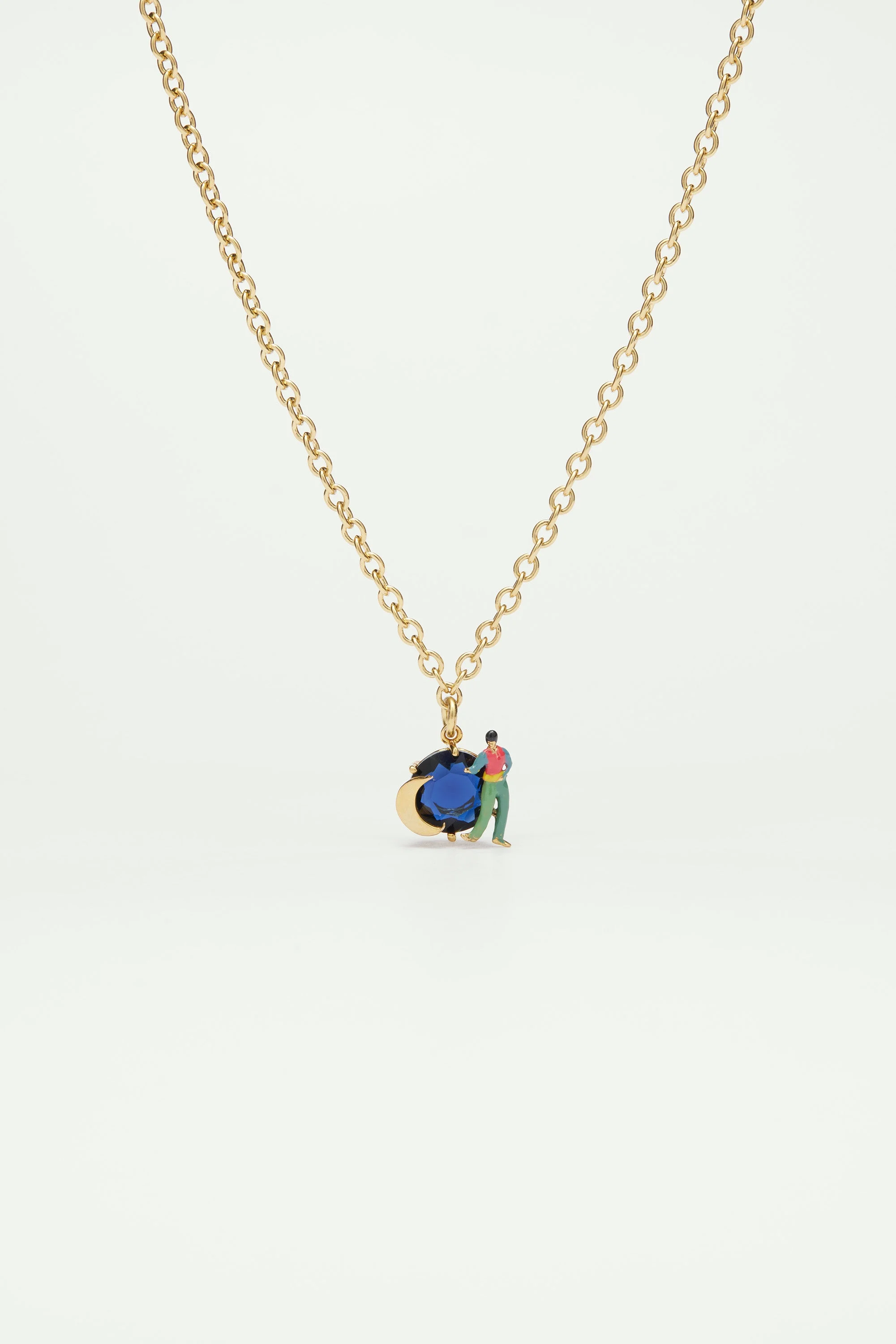 Collier pendentif pierre en verre taillé, lune et personnage | Multicolore
