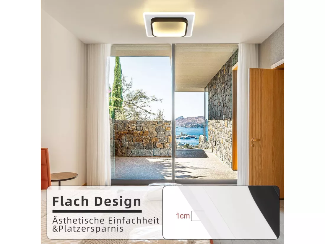 NETTLIFE Lampe plafond LED chambre, noir, 16W, acryl, lumière chaude, design moderne