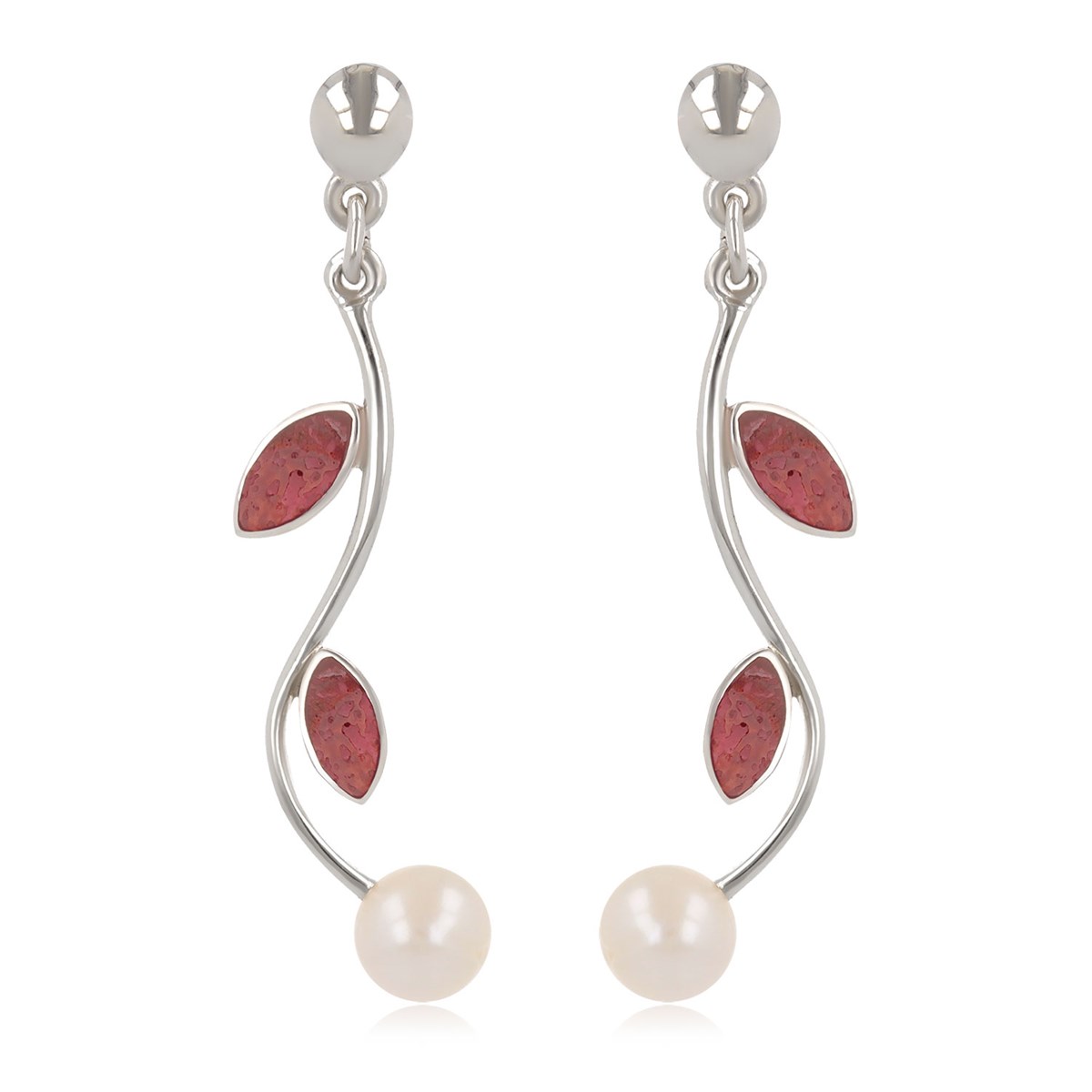 Boucles d'oreilles ADEN Perle de nacre et pétales de corail serties argent 925 rhodié