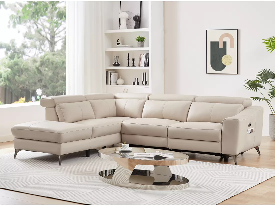 Canapé d'angle gauche relax électrique en cuir crème FORLO