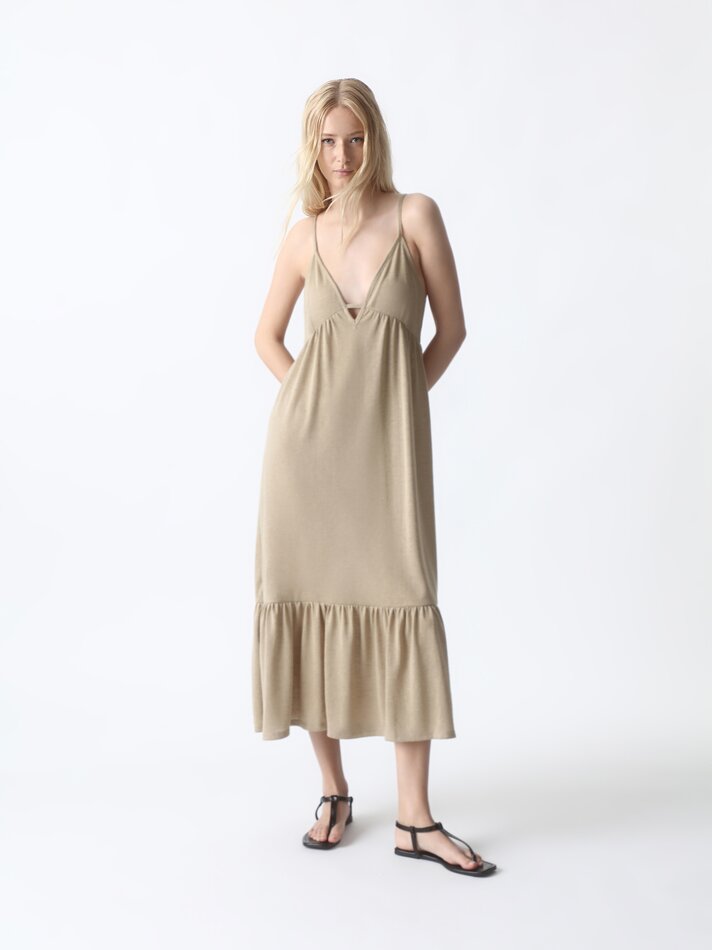 Vestido midi com alças finas e babados - Vigoré Mink