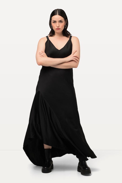 Satin-Maxikleid, A-Linie, V-Ausschnitt, ärmellos