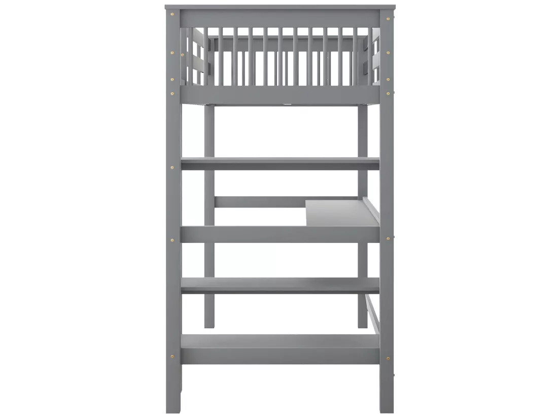 Lit mezzanine 90 x 200 cm pour enfant - bureau + étagères de rangement - gris