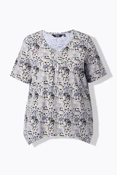 T-Shirt, Tiere, A-Linie, Zipfelsaum, V-Ausschnitt, Halbarm, moos