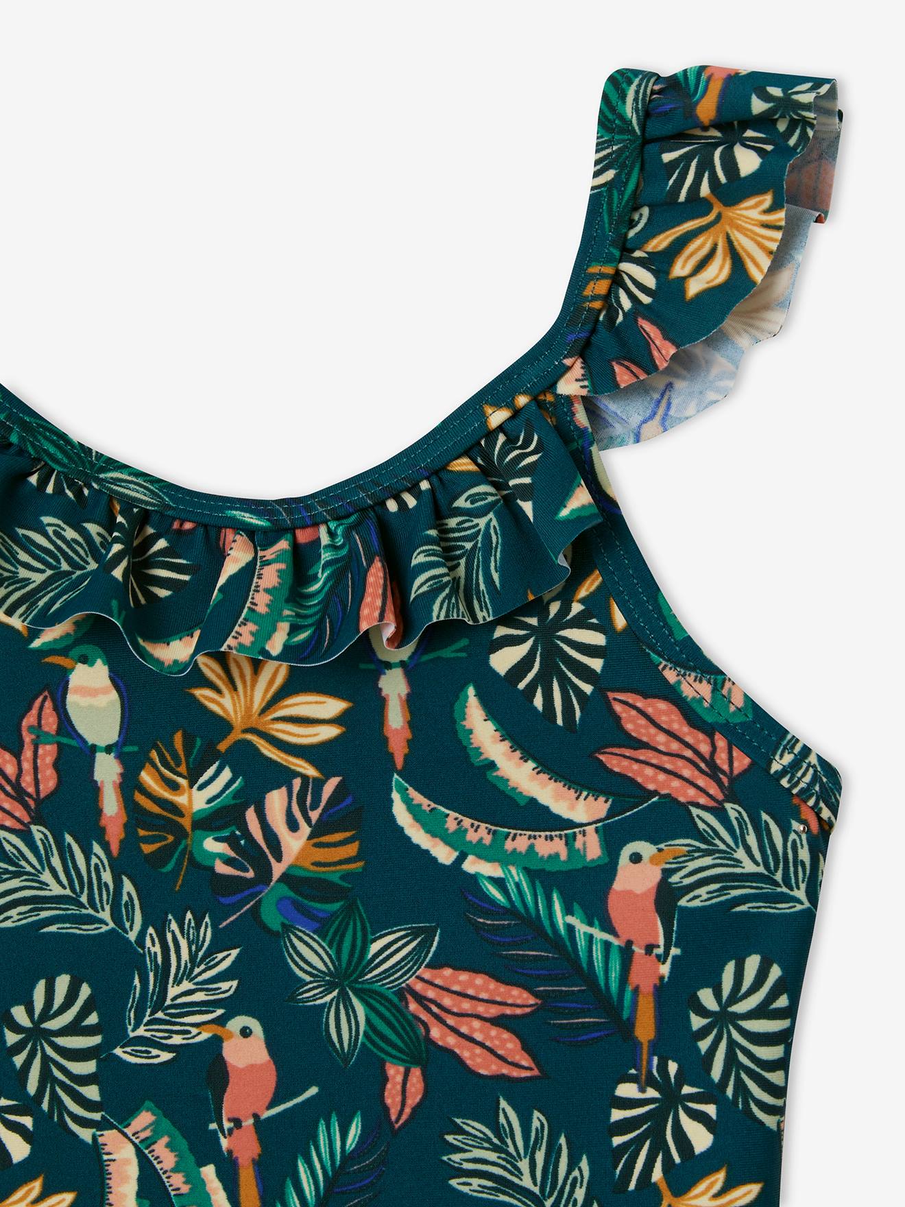 Maiô infantil com estampa tropical, verde escuro.