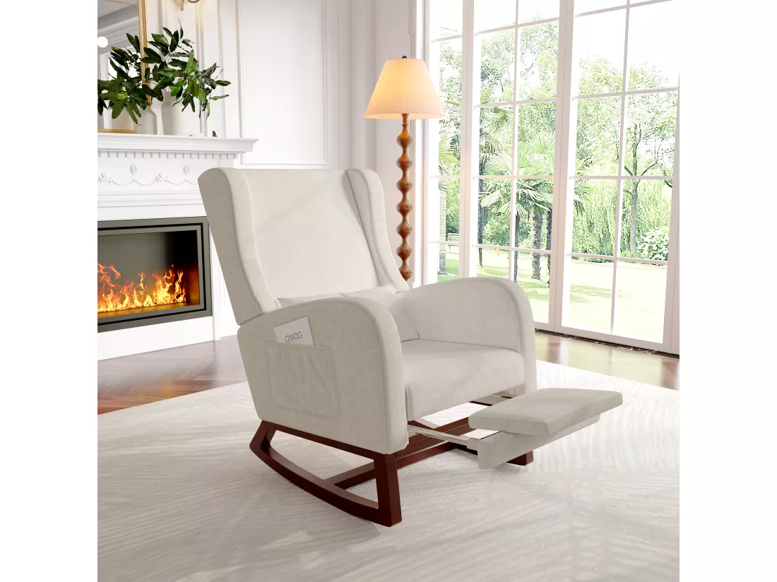 Fauteuil à Bascule avec Repose-Pieds, Fauteuil de Relaxation de Salon, Rocking Chair avec Aspect Velours, capacité de Charge jusqu'à 150 kg, pour Salon, Chambre, 64 x 67 x 99 cm (Beige)