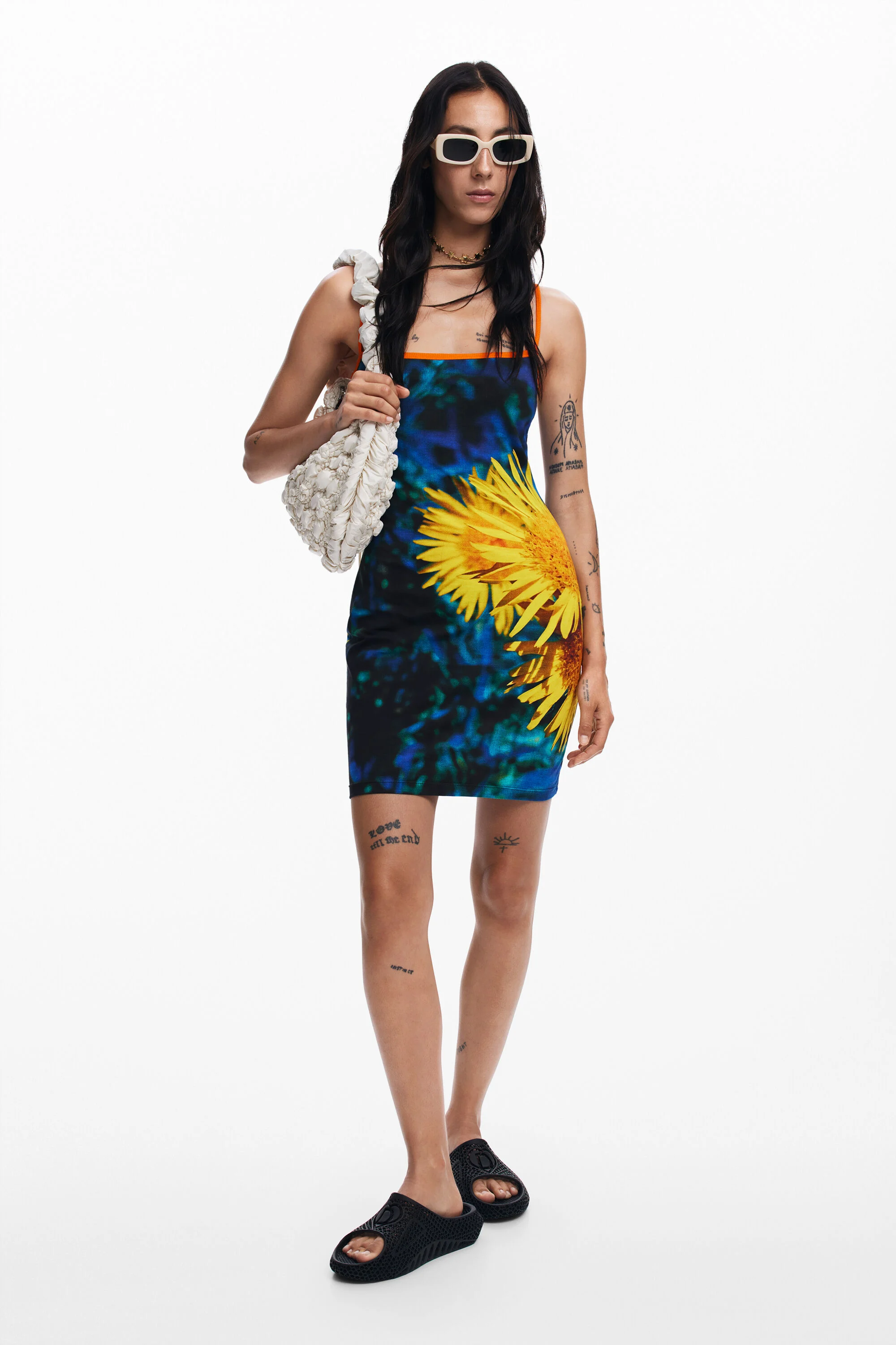 Vestido midi com estampa de girassol