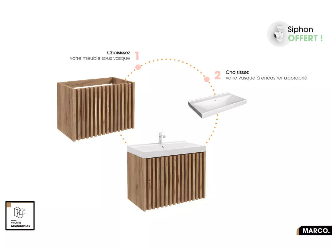 Ensemble meuble sous vasque avec vasque à encastrer - Siphon OFFERT | MARCO | Oak | 100 x 56 x 45 cm