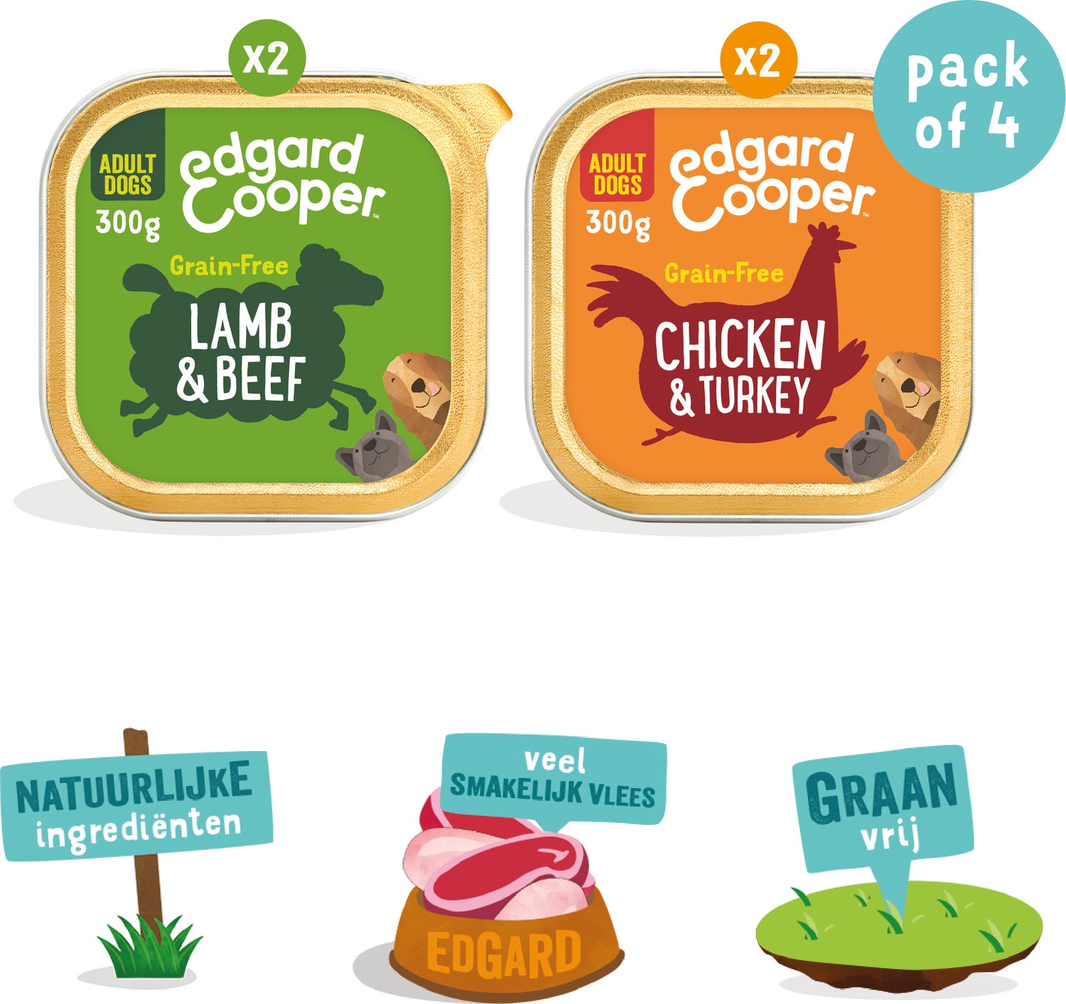Edgard & Cooper hondenvoer multipack lam en kip adult 300 g 4 stuks
