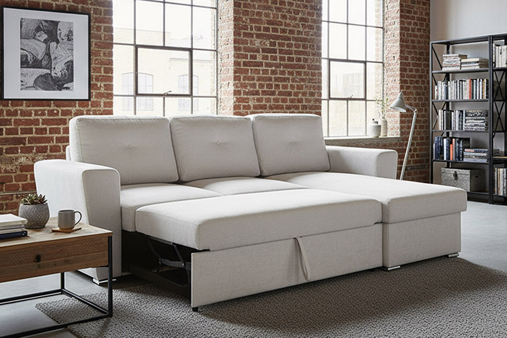 Schlafecksofa APARTMENT 245cm beige Strukturstoff inkl. Stauraum beidseitig aufbaubar