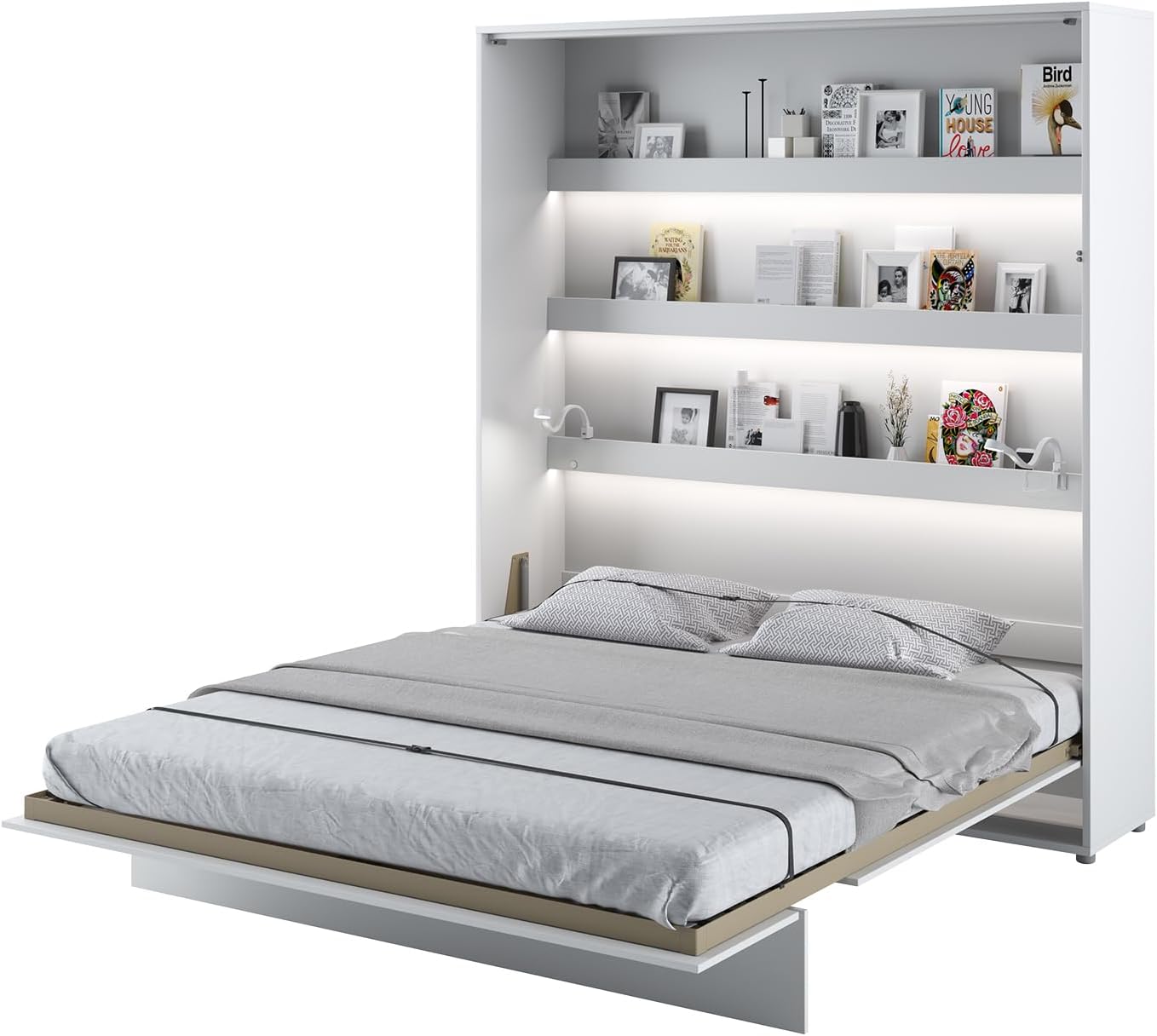 MEBLINI Schrankbett Bed Concept - Wandbett mit Lattenrost - Klappbett mit Schrank - Wandklappbett - Murphy Bed - Bettschrank - BC-13-180x200cm Vertikal - Weiß Hochglanz/Weiß