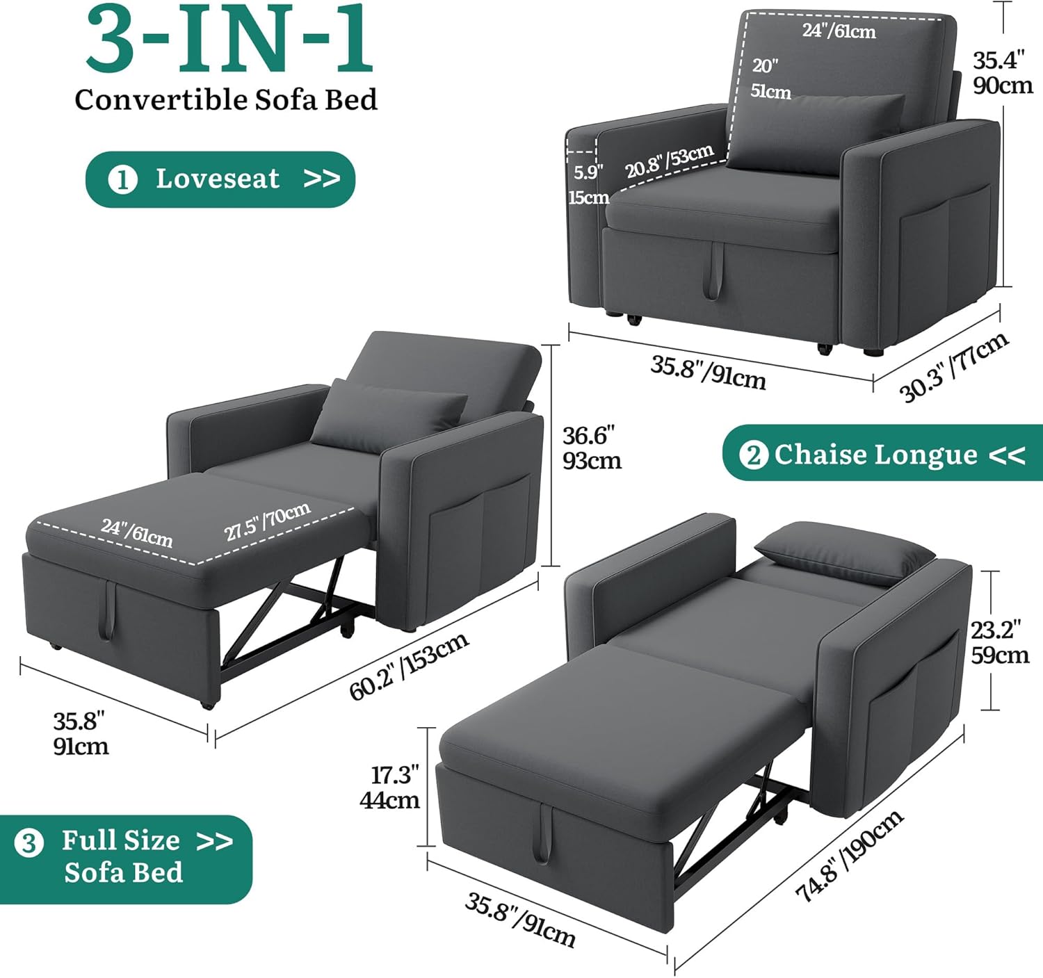 YITAHOME Schlafsessel mit Bettfunktion 192×88, 3-in-1 Ausziehbares Schlafsofa, Verstellbares Einzelsessel mit Kissen und Seitentasche, Sofa mit Schlaffunktion für Wohnzimmer Wohnung, Dunkelgrau