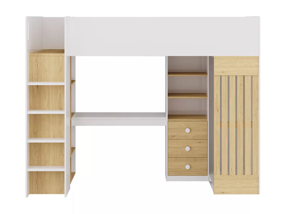 Lit mezzanine 90 x 190 cm avec bureau et penderie - Coloris : Blanc et naturel - LORINTI