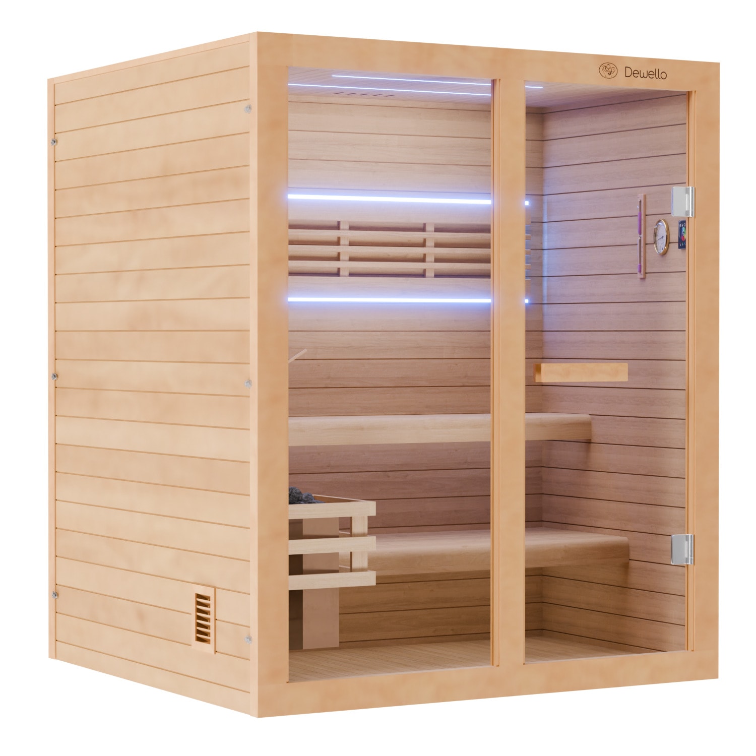Dewello Finnische Sauna TOFINO 160x150 Kabine aus Hemlock Tannenholz mit,4,5 kW Harvia Ofen, inkl Sauna Set
