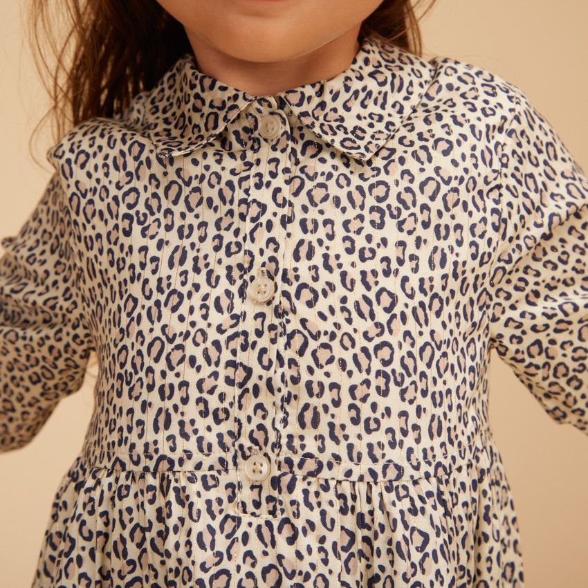 Robe chemise manches longues imprimé léopard pour bébé fille - Ecru