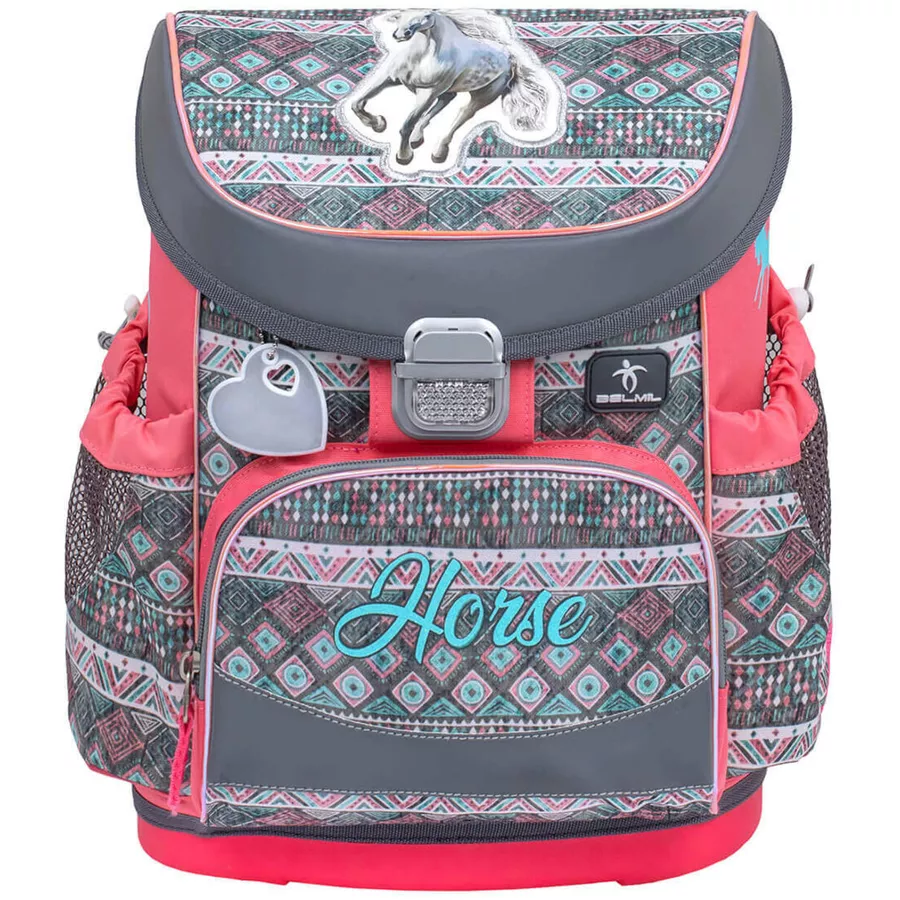 Belmil Schulranzen Mini Fit Schulranzen Set 4-teilig mit Brustgurt Horse Aruba Blue