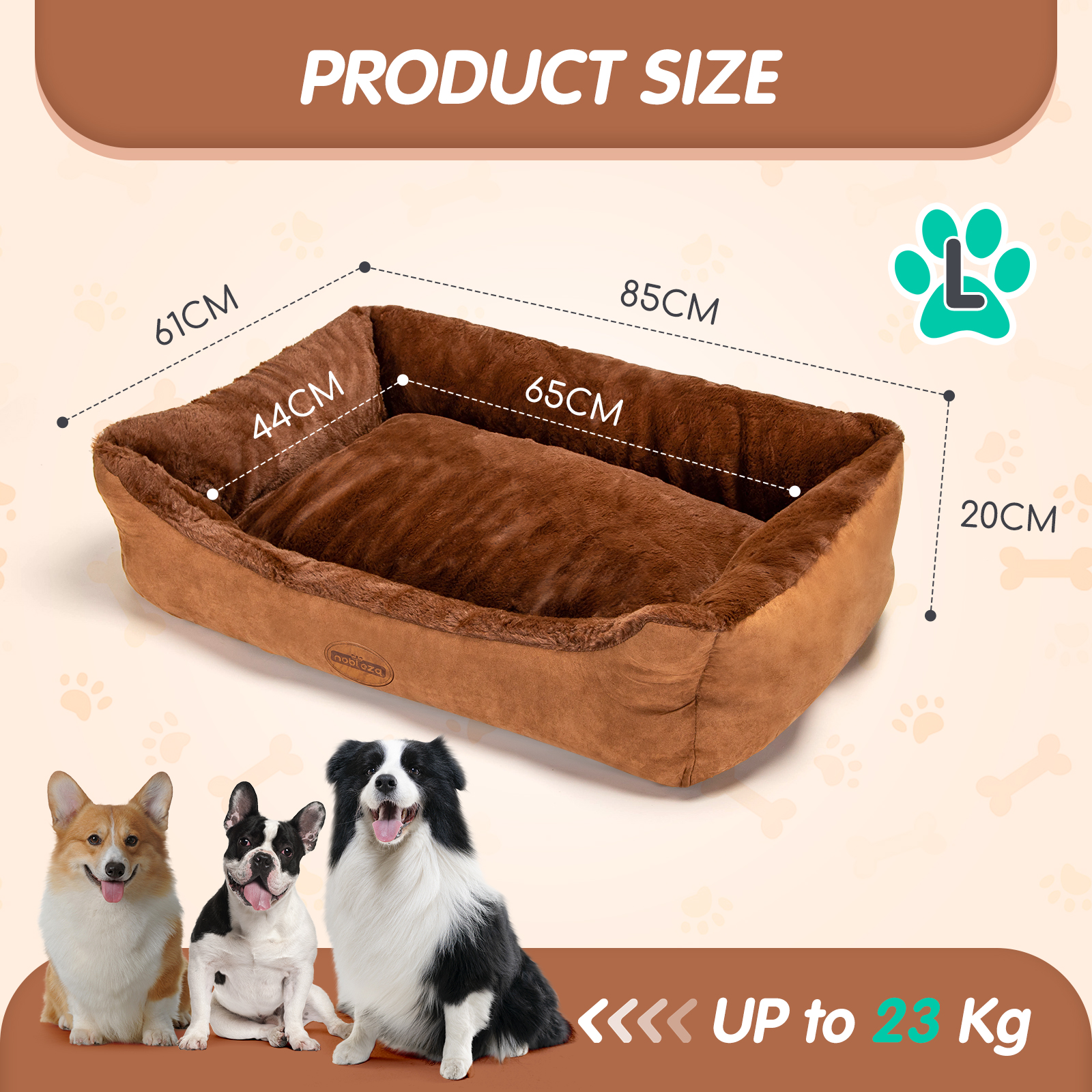 Cama para cães Nobleza tamanho médio, ortopédica, lavável, almofada, macia e confortável, tipo sofá-cama, cor marrom escuro, tamanho G (85x61x20cm).