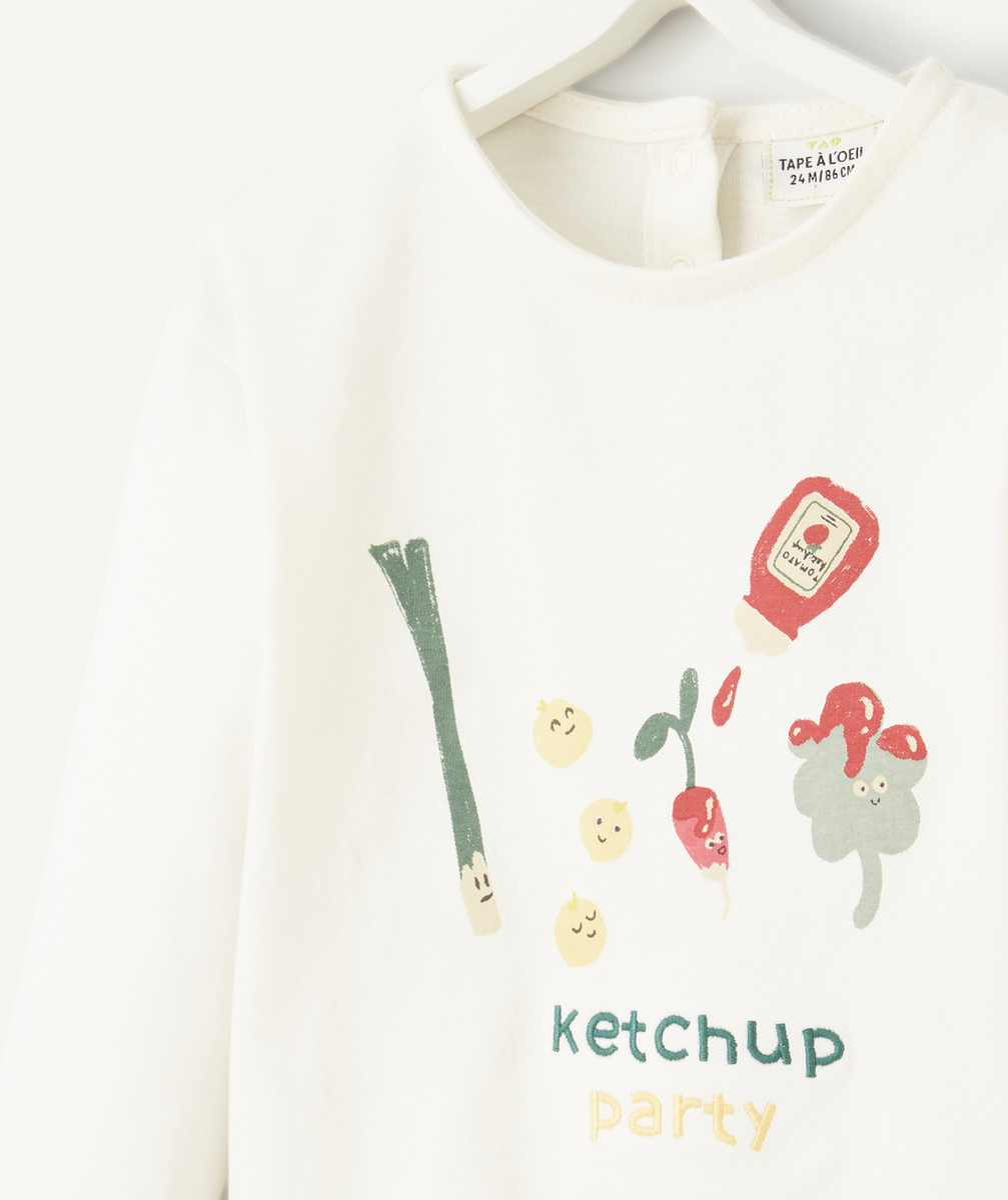 T-SHIRT BÉBÉ FILLE EN COTON BIOLOGIQUE ÉCRU THÈME KETCHUP PARTY