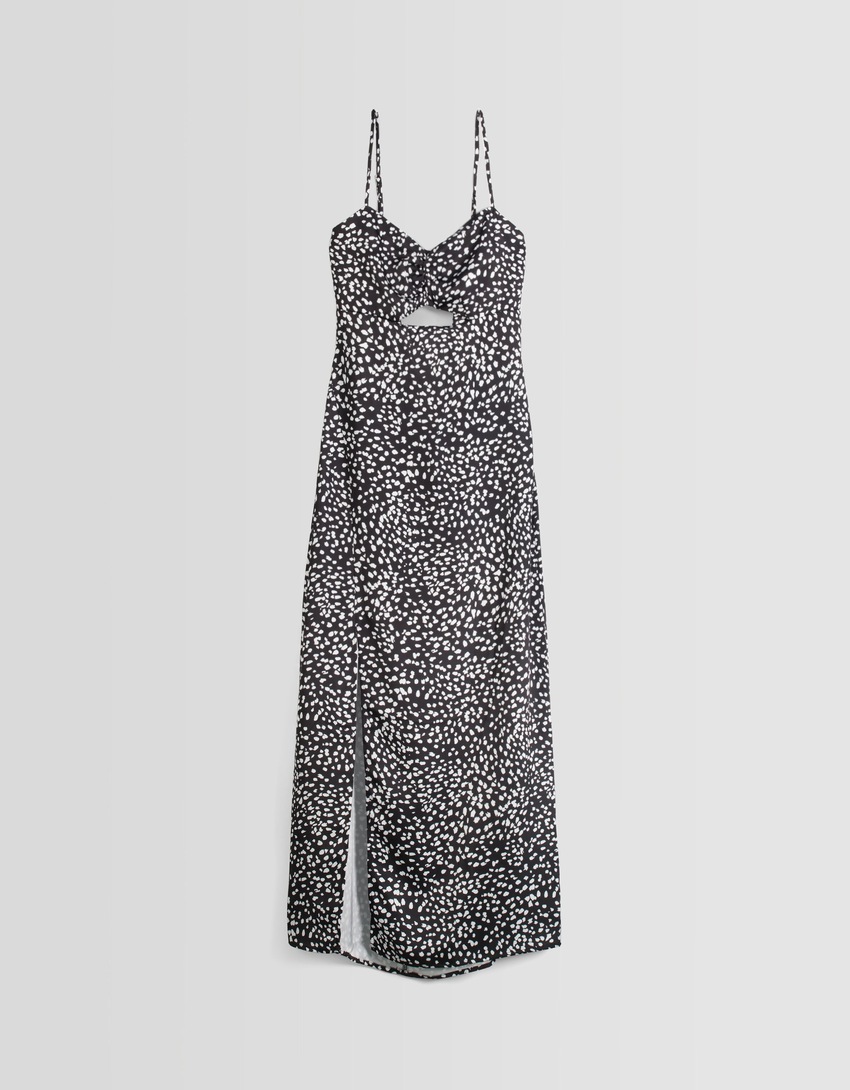 Vestido midi de cetim estampado com alças.