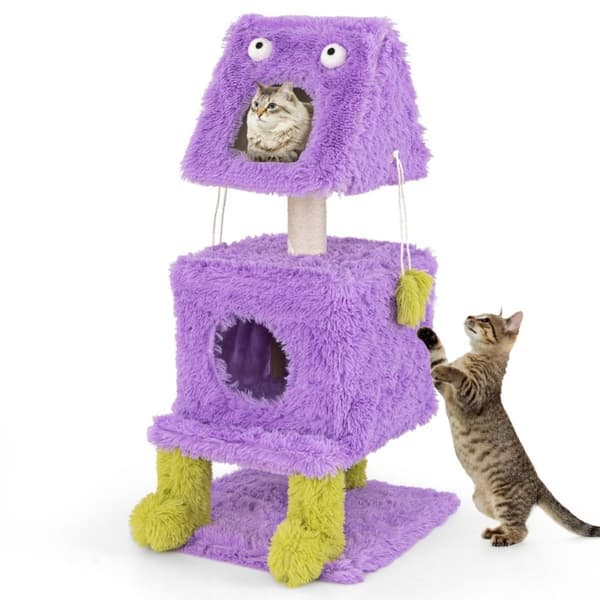 Kattskrapestolpe Liten 111 cm monstertema kattetre med 2 kattehuler og avtagbar topp lilla