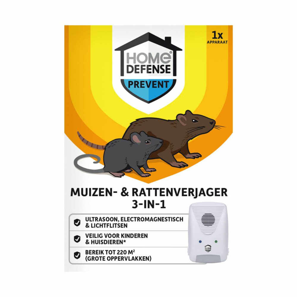 KB Home Defense Muizen- en Rattenverjager 220 m2 Ultrasoon, Elektromagnetisch en Lichtflitsen