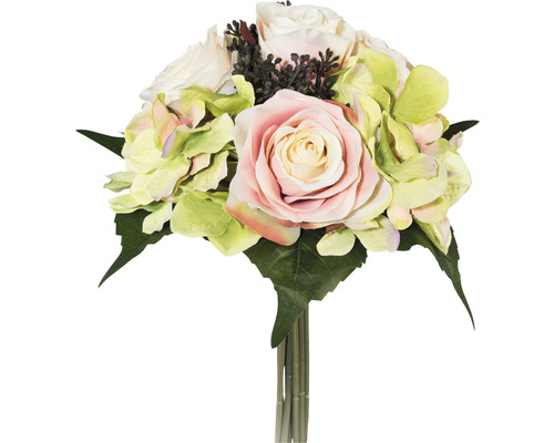 Kunstboeket van rozen en hortensia's, Ø 18 cm, hoogte: 31 cm, roze