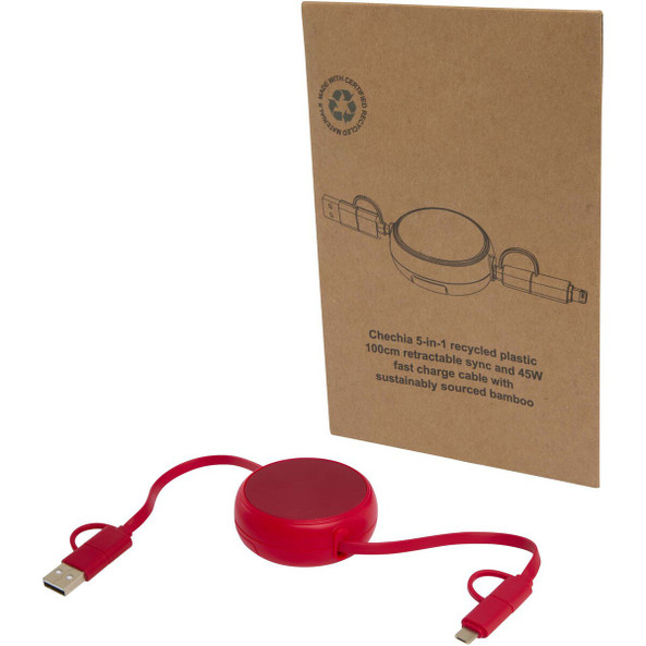 PF Concept 124420 - Câble rétractable 5 en 1 Alasia de 100 cm en plastique recyclé et aluminium pour la synchronisation des données et la charge rapide de 45 W