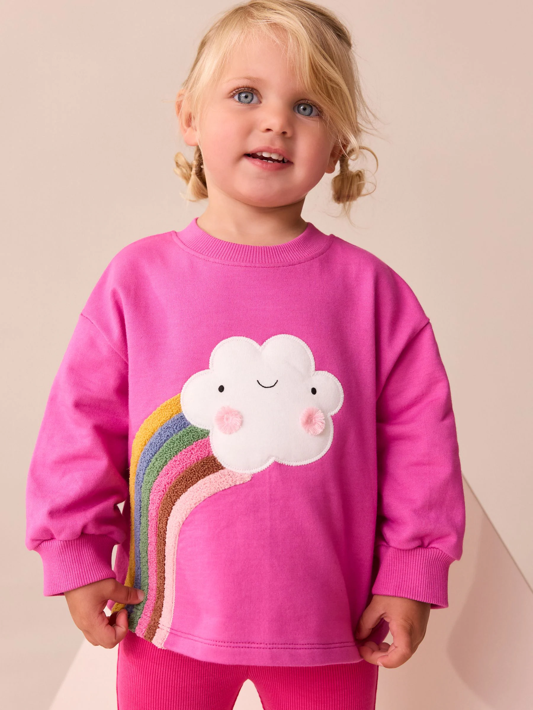 Roze regenboog met wolk en figuurtje - T-shirt met lange mouwen (3 mnd-7 jr)