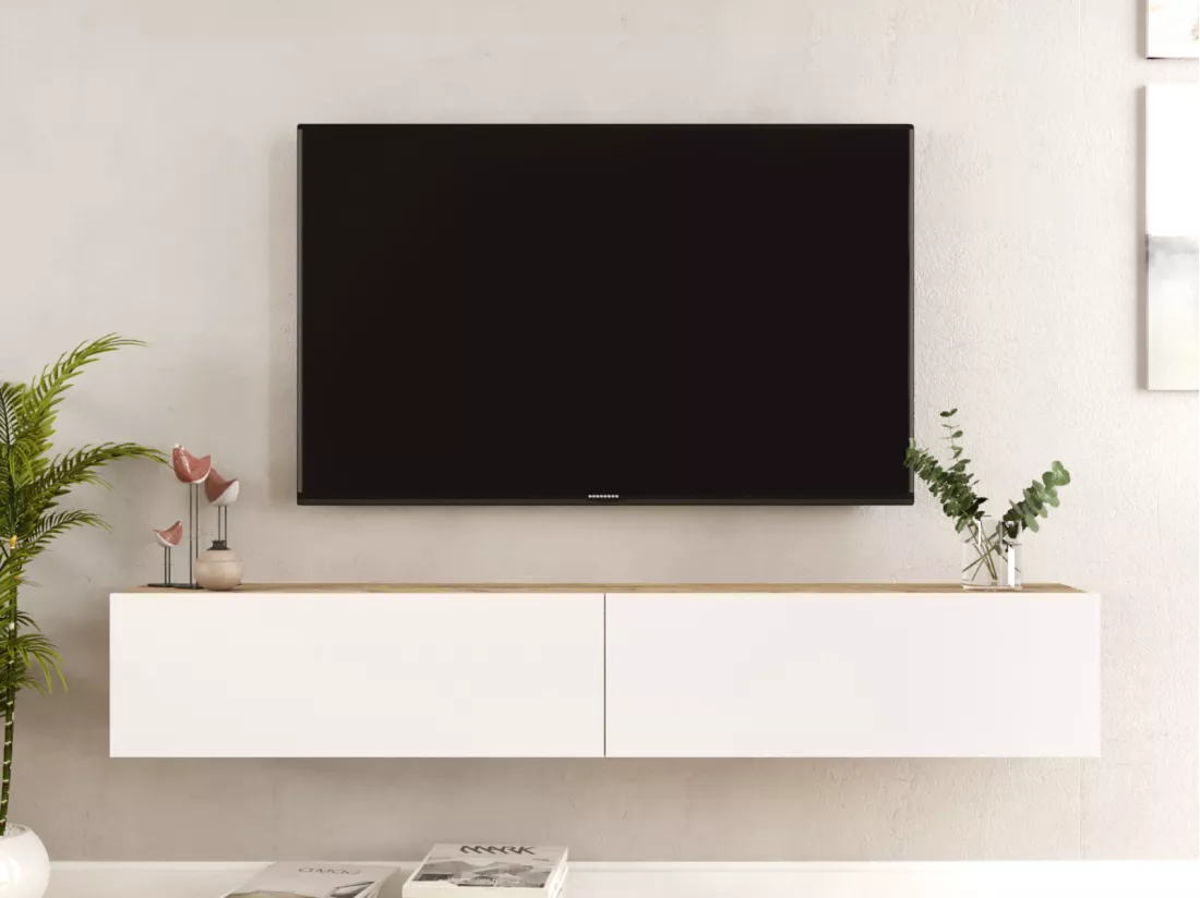 Meuble TV suspendu avec 2 portes - Blanc et naturel - AUBEPINA