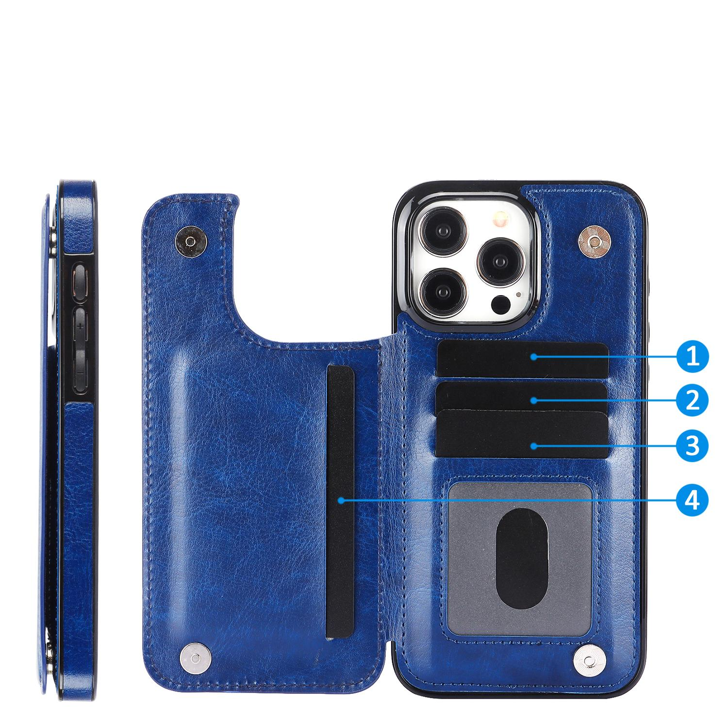 iPhone 15 Pro Hybrid Leder Hülle mit Kartenfach   Kickstand Aufsteller - Blau
